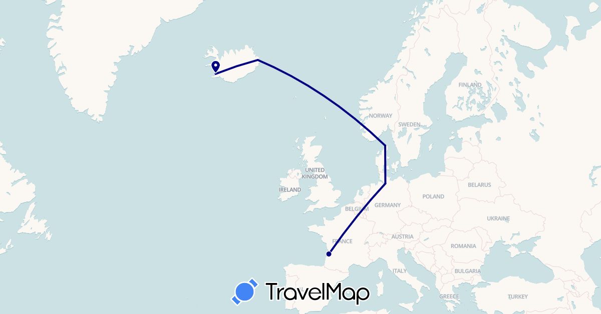TravelMap itinerary: driving in Germany, Denmark, France, Iceland (Europe)